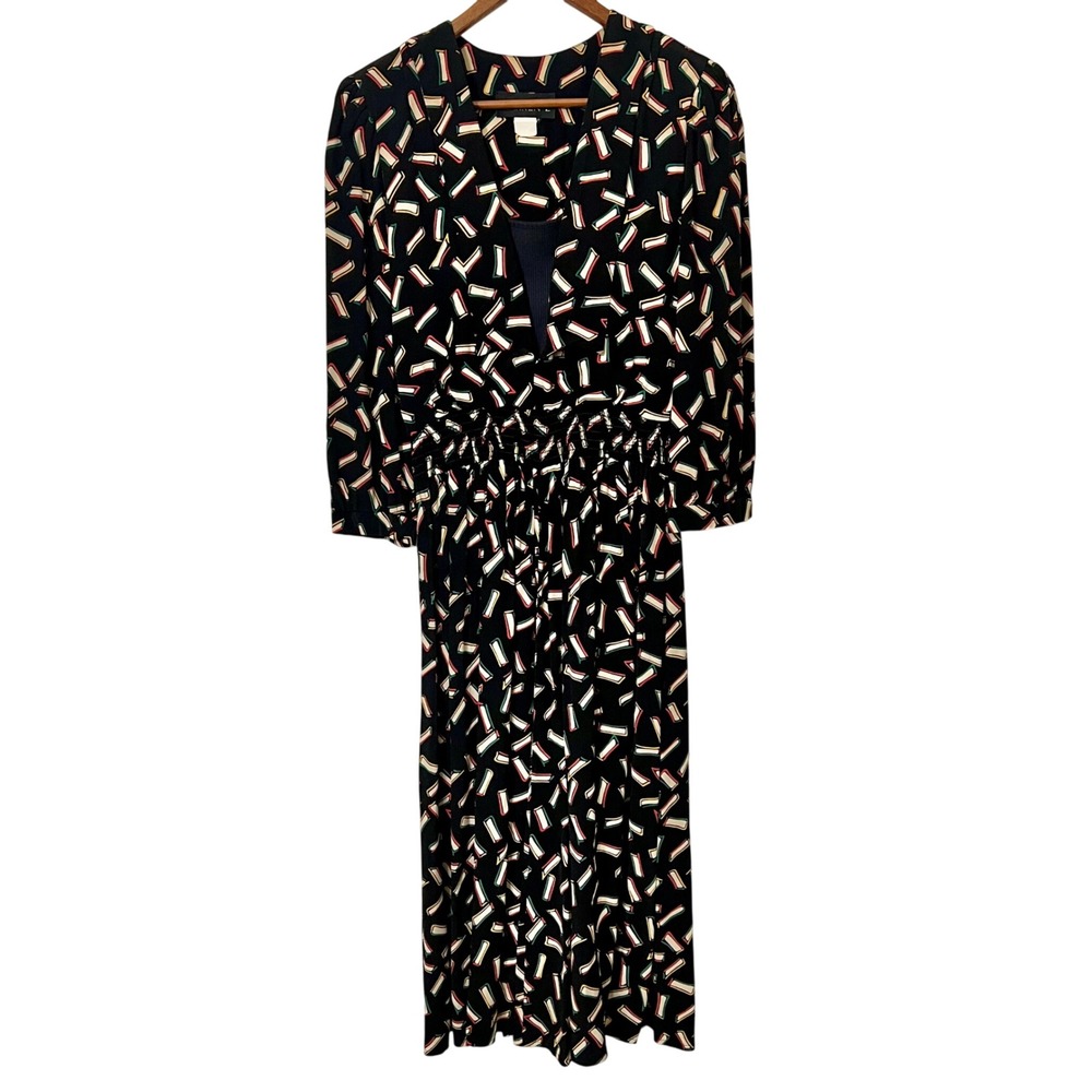 WARREN Z Black Abstract Geometric Print Midi Dress Smocked‎ Waist Retro 80s VTG